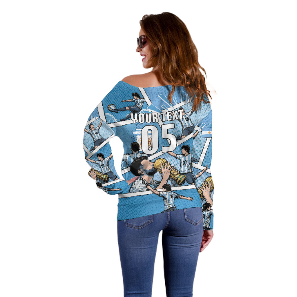 Custom Argentina Football Off Shoulder Sweater Goat Comic Style Sun Of May
