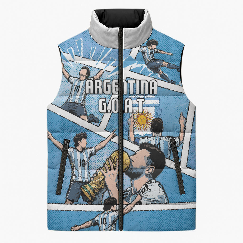 Custom Argentina Football Sleeveless Puffer Jacket Goat Comic Style Sun Of May