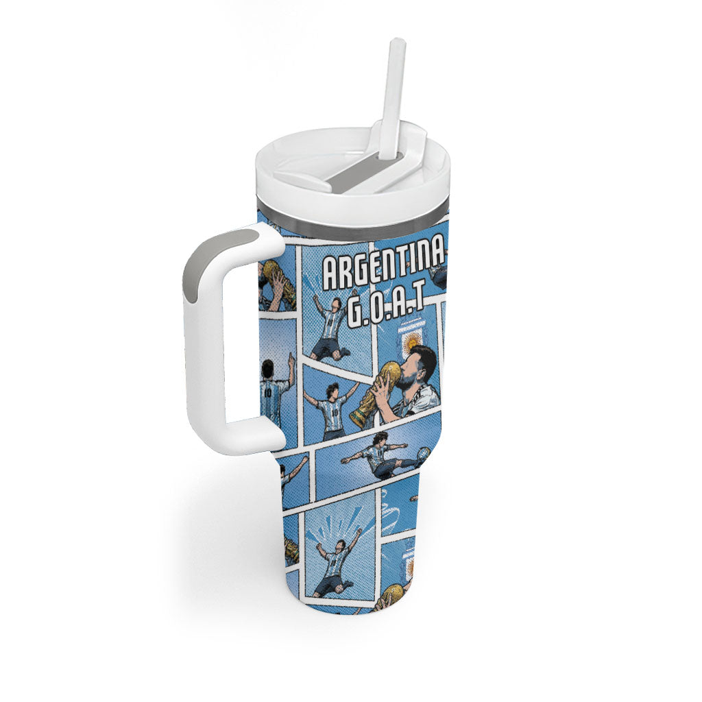Custom Argentina Football Tumbler With Handle Goat Comic Style Sun Of May