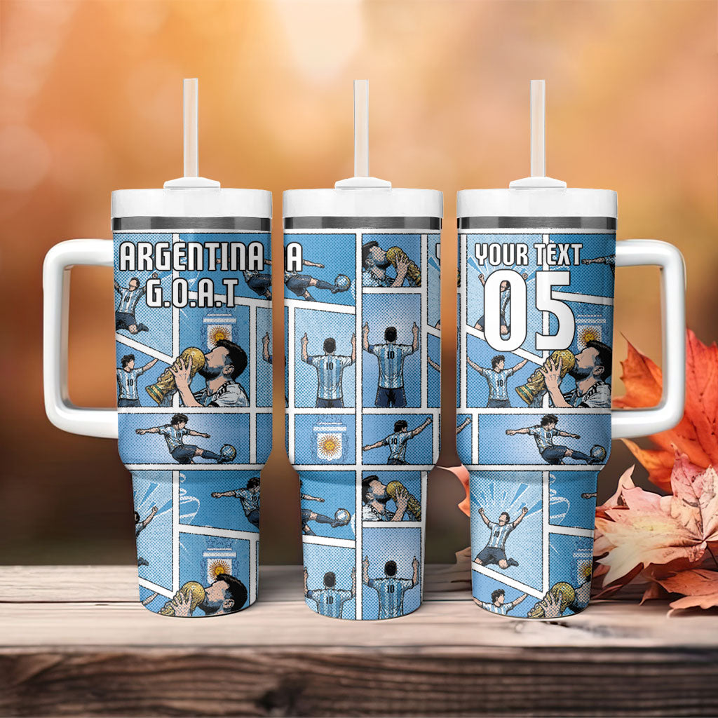 Custom Argentina Football Tumbler With Handle Goat Comic Style Sun Of May