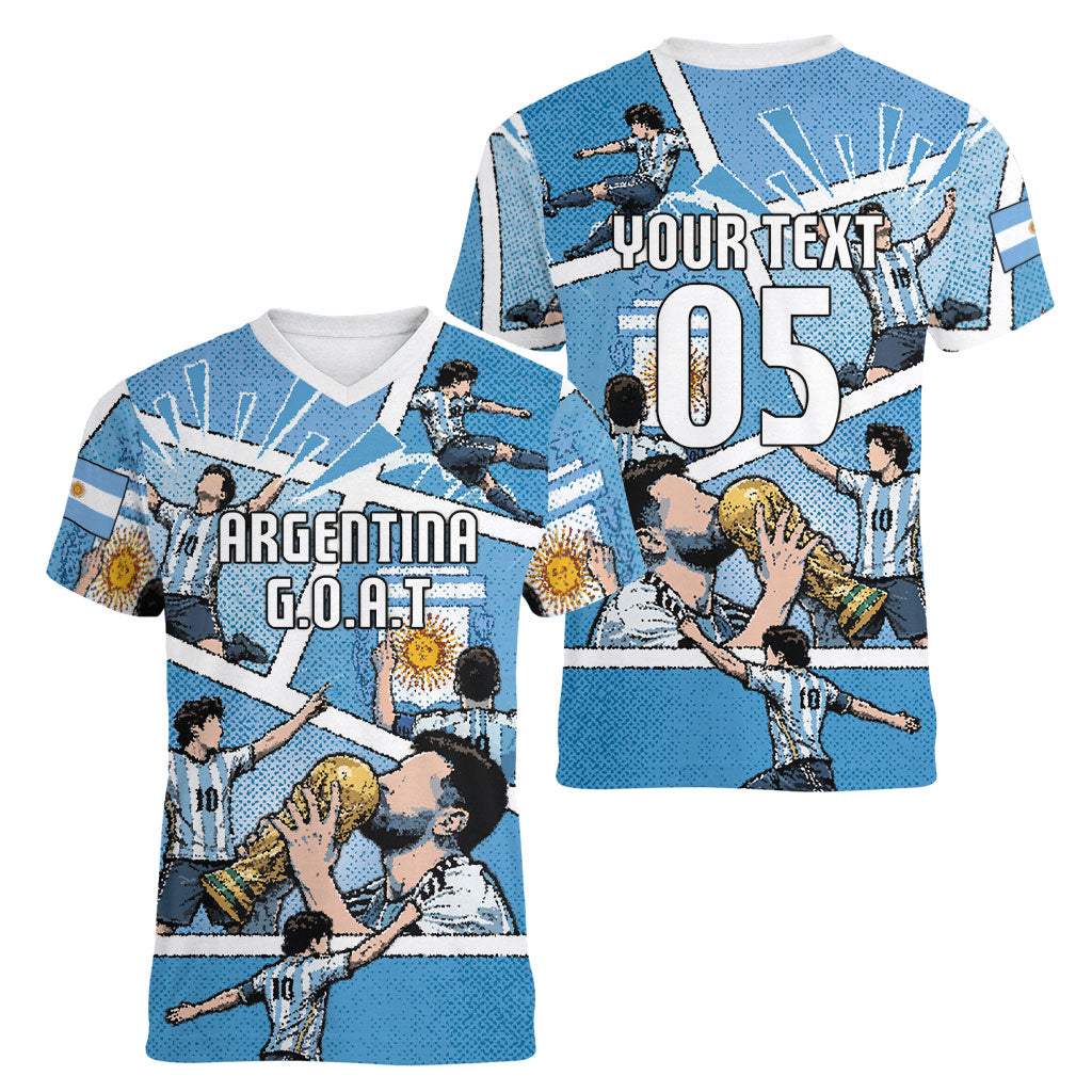 Custom Argentina Football Women V-Neck T-Shirt Goat Comic Style Sun Of May