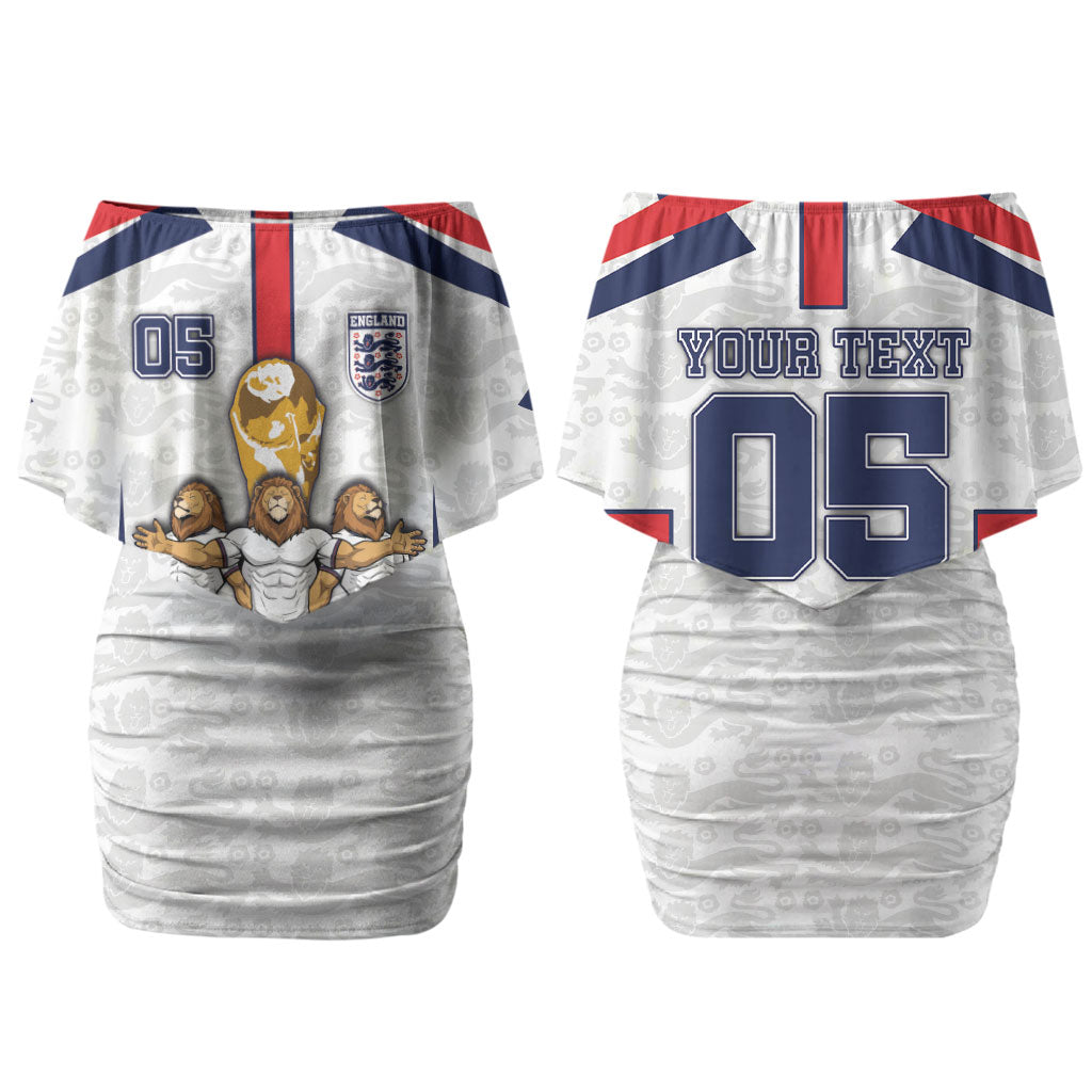 Custom England Football Couples Matching Off Shoulder Short Dress and Long Sleeve Button Shirt Three Lions Trophy St George Cross