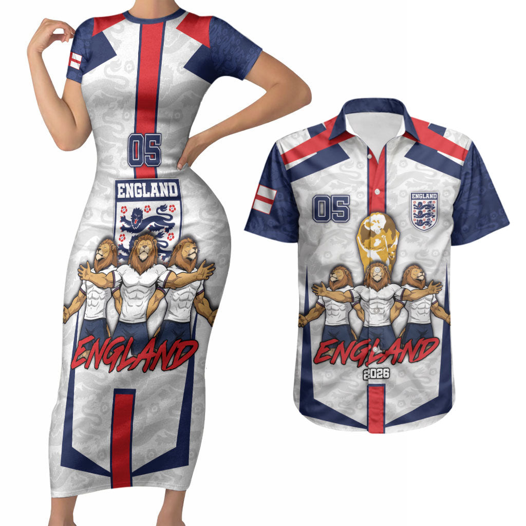 Custom England Football Couples Matching Short Sleeve Bodycon Dress and Hawaiian Shirt Three Lions Trophy St George Cross