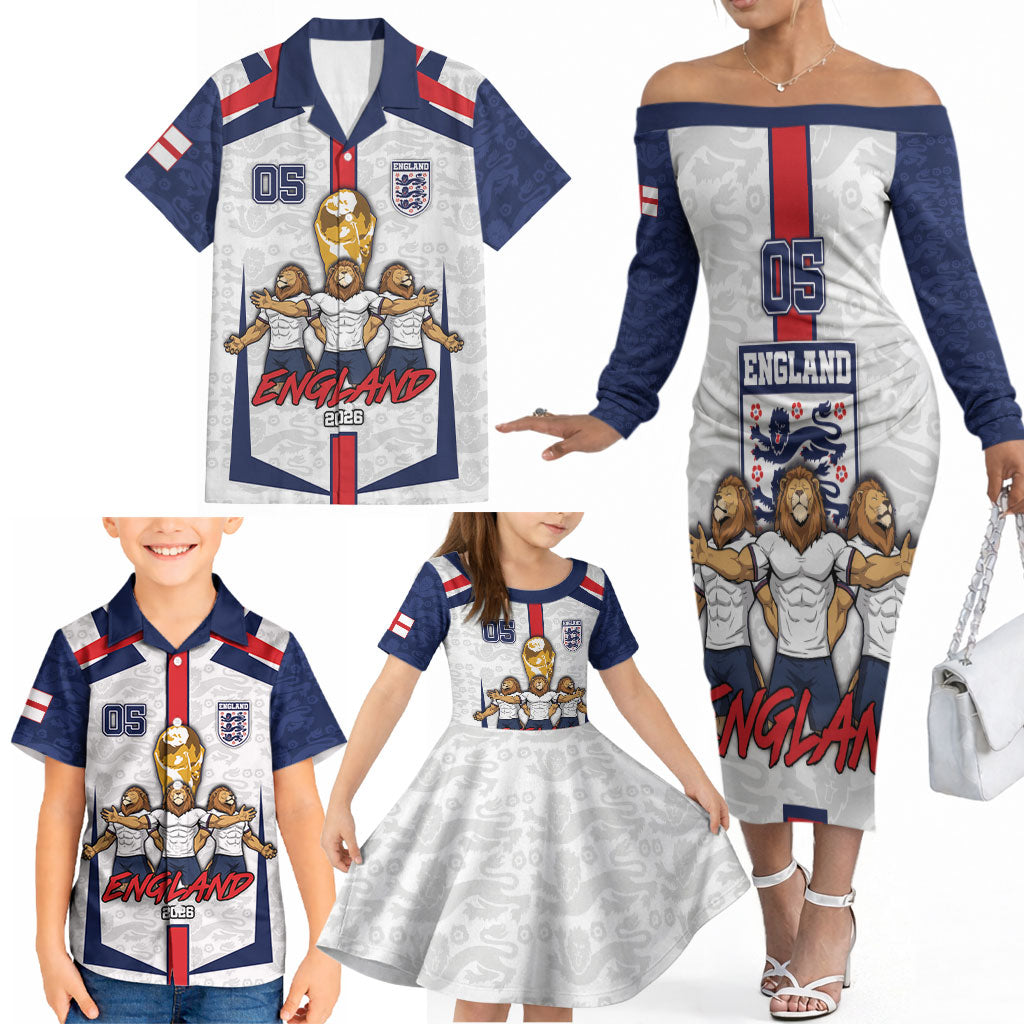 Custom England Football Family Matching Off The Shoulder Long Sleeve Dress and Hawaiian Shirt Three Lions Trophy St George Cross