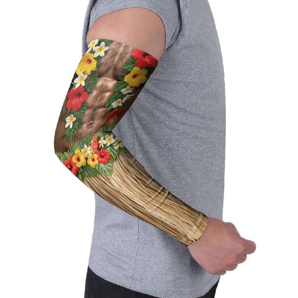 Muscle Hairy Hawaii 3D Funny Graphic Arm Sleeves Six Pack Abs Flower Lei Luau Prank DT05 - Polynesian Pride