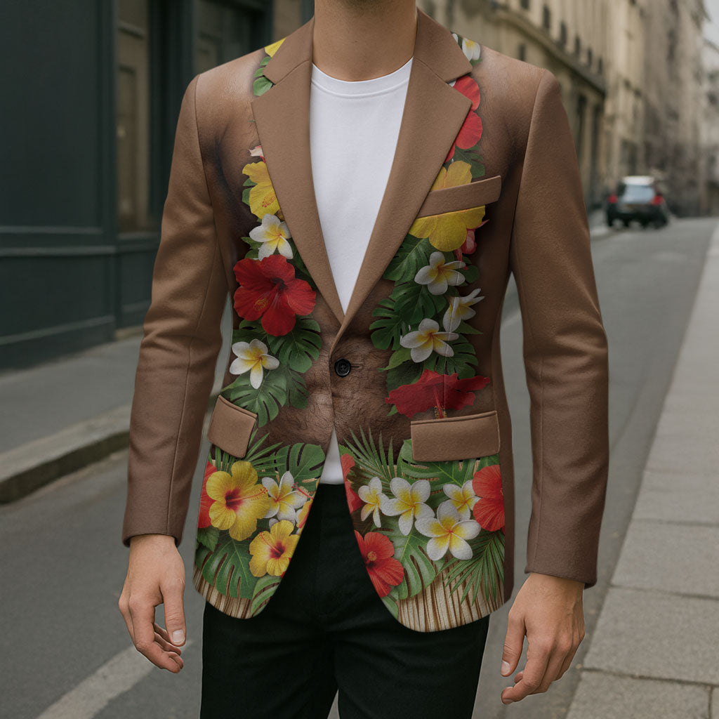 Muscle Hairy Hawaii 3D Funny Graphic Blazer Six Pack Abs Flower Lei Luau Prank DT05 - Polynesian Pride