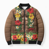 Muscle Hairy Hawaii 3D Funny Graphic Bomber Puffer Jacket Six Pack Abs Flower Lei Luau Prank DT05 Unisex Beige - Polynesian Pride