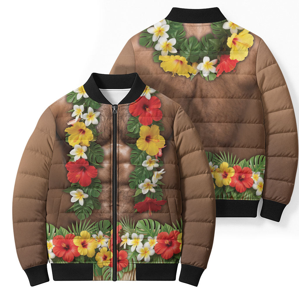 Muscle Hairy Hawaii 3D Funny Graphic Bomber Puffer Jacket Six Pack Abs Flower Lei Luau Prank DT05 - Polynesian Pride