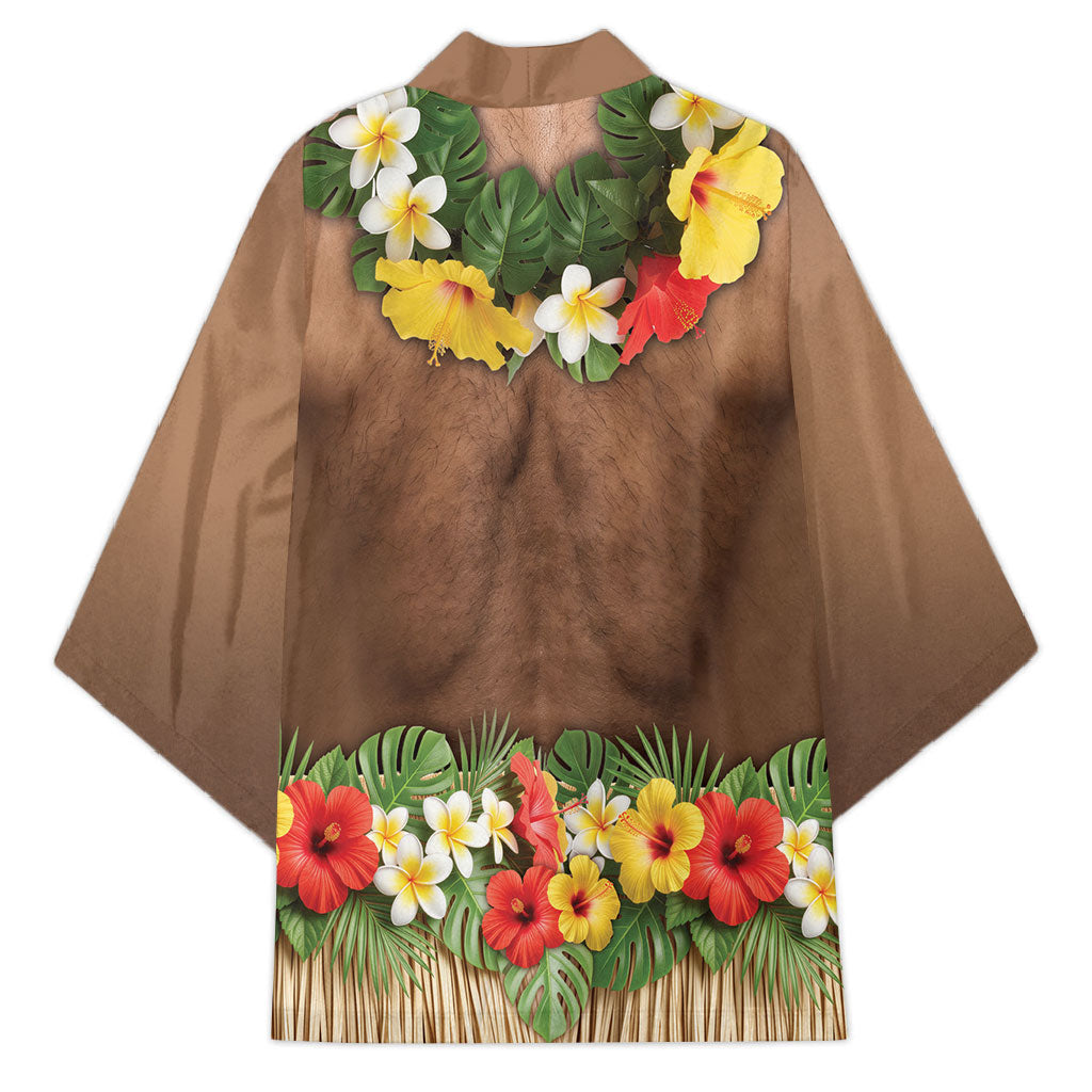 Muscle Hairy Hawaii 3D Funny Graphic Kimono Six Pack Abs Flower Lei Luau Prank DT05 - Polynesian Pride