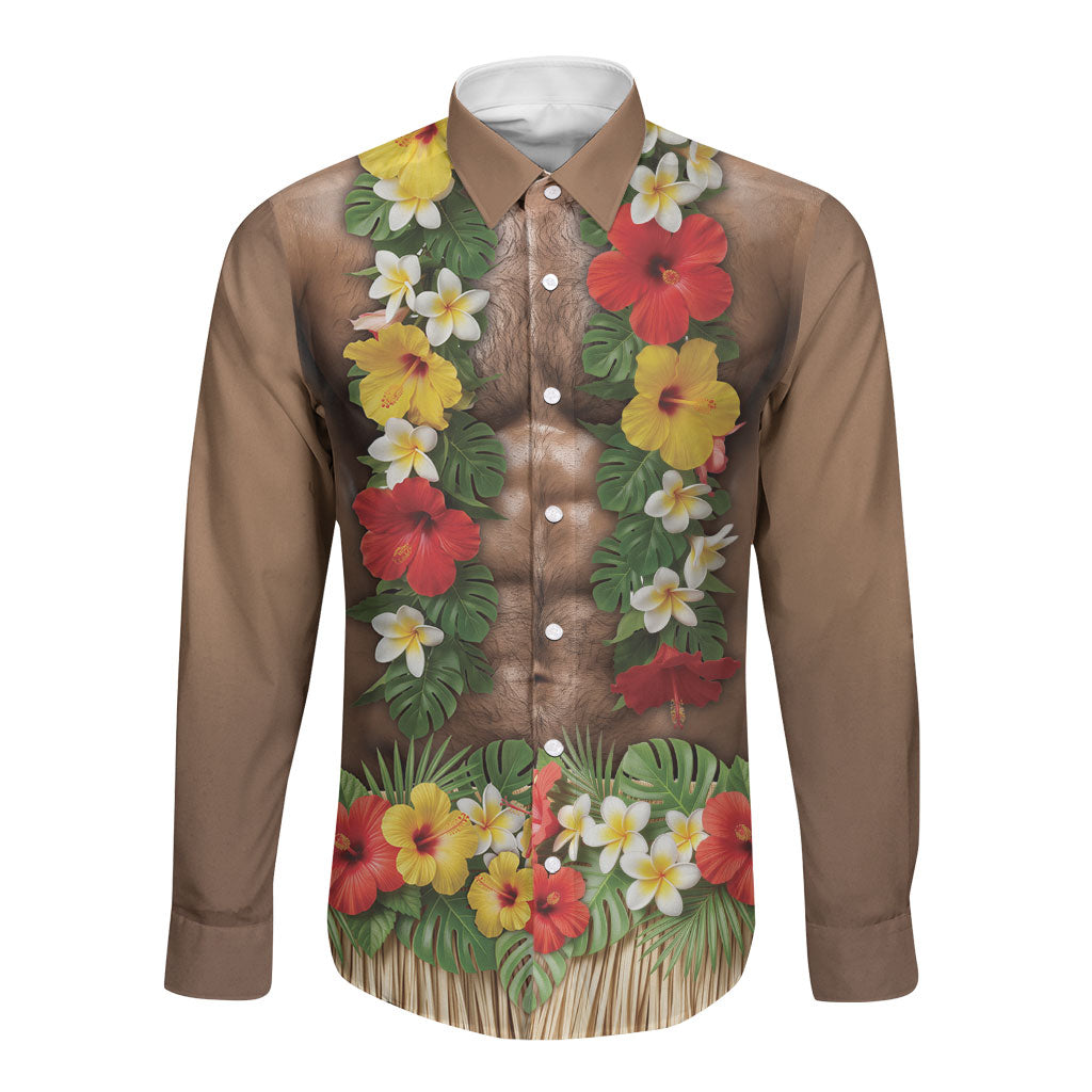 Muscle Hairy Hawaii 3D Funny Graphic Long Sleeve Button Shirt Six Pack Abs Flower Lei Luau Prank DT05 Unisex Beige - Polynesian Pride