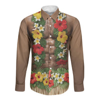 Muscle Hairy Hawaii 3D Funny Graphic Long Sleeve Button Shirt Six Pack Abs Flower Lei Luau Prank DT05 Unisex Beige - Polynesian Pride