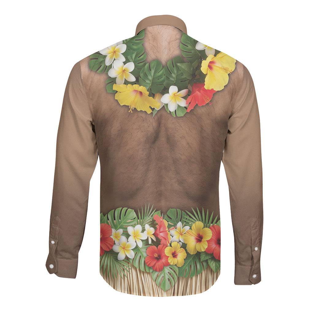 Muscle Hairy Hawaii 3D Funny Graphic Long Sleeve Button Shirt Six Pack Abs Flower Lei Luau Prank DT05 - Polynesian Pride