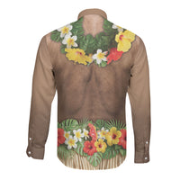 Muscle Hairy Hawaii 3D Funny Graphic Long Sleeve Button Shirt Six Pack Abs Flower Lei Luau Prank DT05 - Polynesian Pride