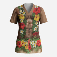 Muscle Hairy Hawaii 3D Funny Graphic Scrub Top Six Pack Abs Flower Lei Luau Prank DT05 Adult Beige - Polynesian Pride