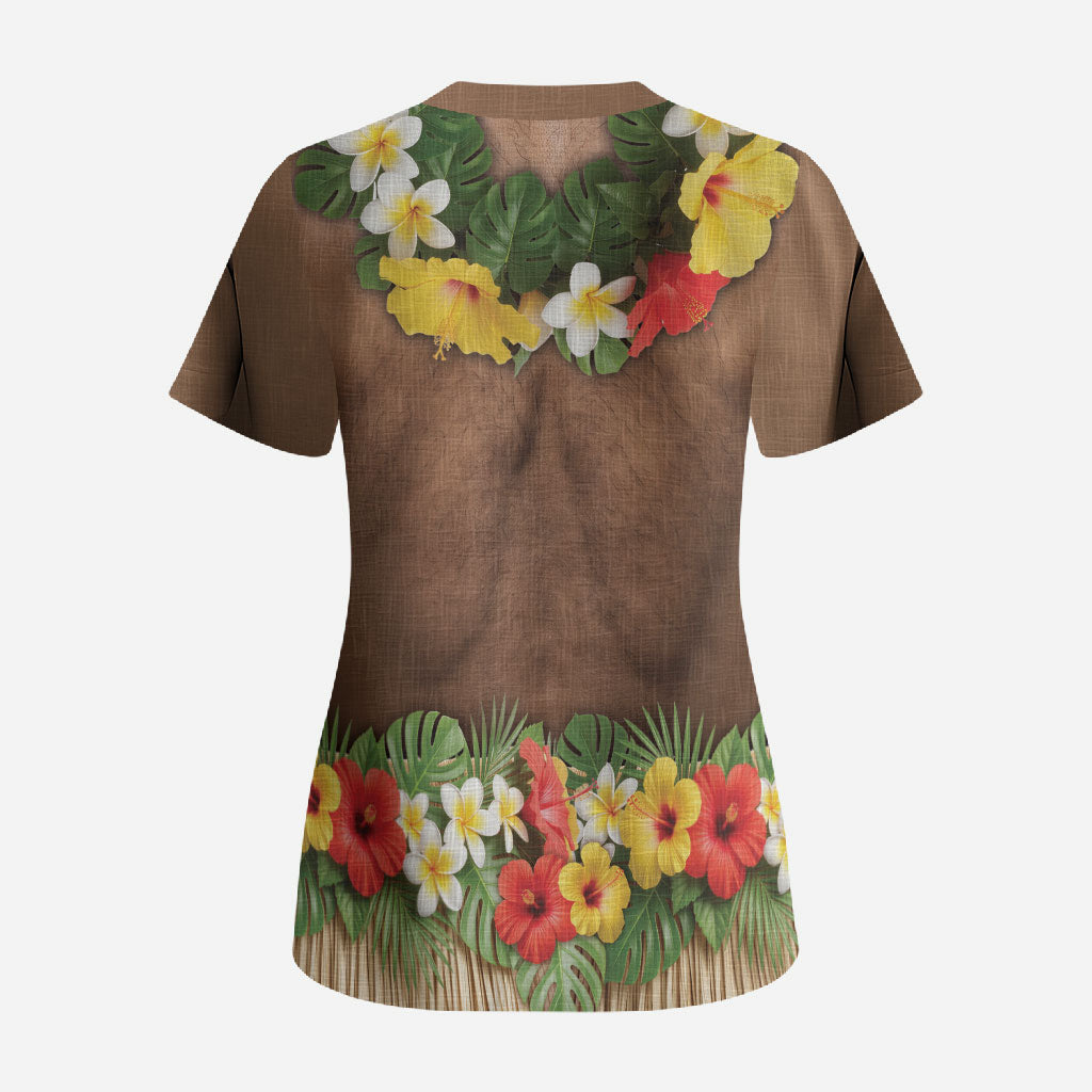 Muscle Hairy Hawaii 3D Funny Graphic Scrub Top Six Pack Abs Flower Lei Luau Prank DT05 - Polynesian Pride