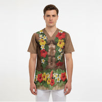 Muscle Hairy Hawaii 3D Funny Graphic Scrub Top Six Pack Abs Flower Lei Luau Prank DT05 - Polynesian Pride