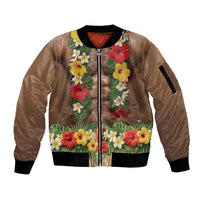 Muscle Hairy Hawaii 3D Funny Graphic Sleeve Zip Bomber Jacket Six Pack Abs Flower Lei Luau Prank DT05 Unisex Beige - Polynesian Pride