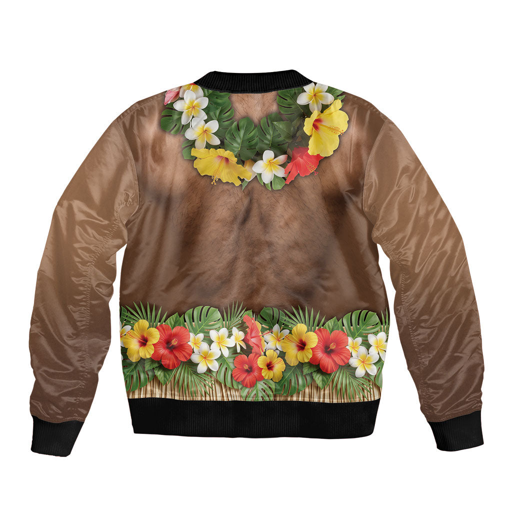 Muscle Hairy Hawaii 3D Funny Graphic Sleeve Zip Bomber Jacket Six Pack Abs Flower Lei Luau Prank DT05 - Polynesian Pride