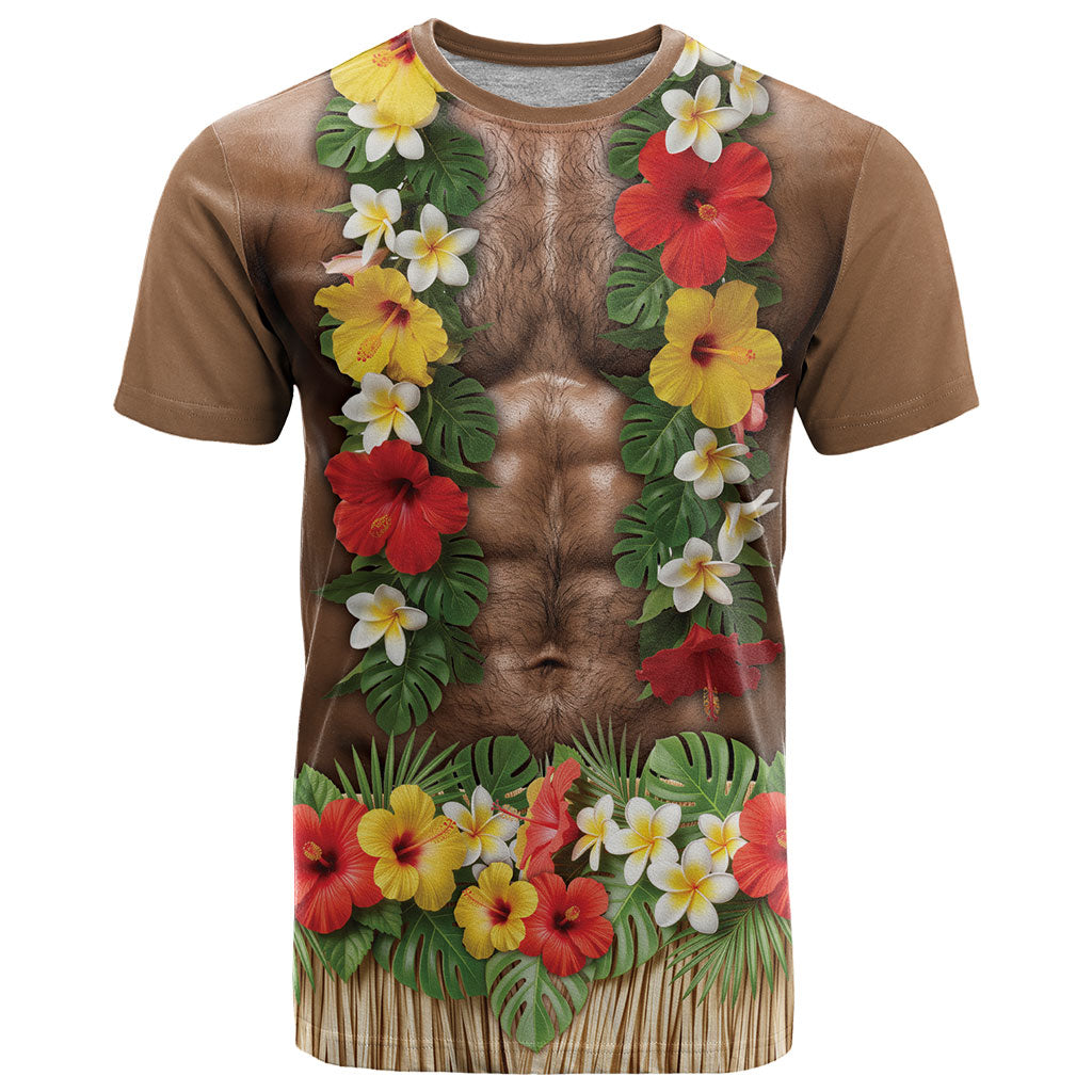 Muscle Hairy Hawaii 3D Funny Graphic T Shirt Six Pack Abs Flower Lei Luau Prank DT05 Beige - Polynesian Pride