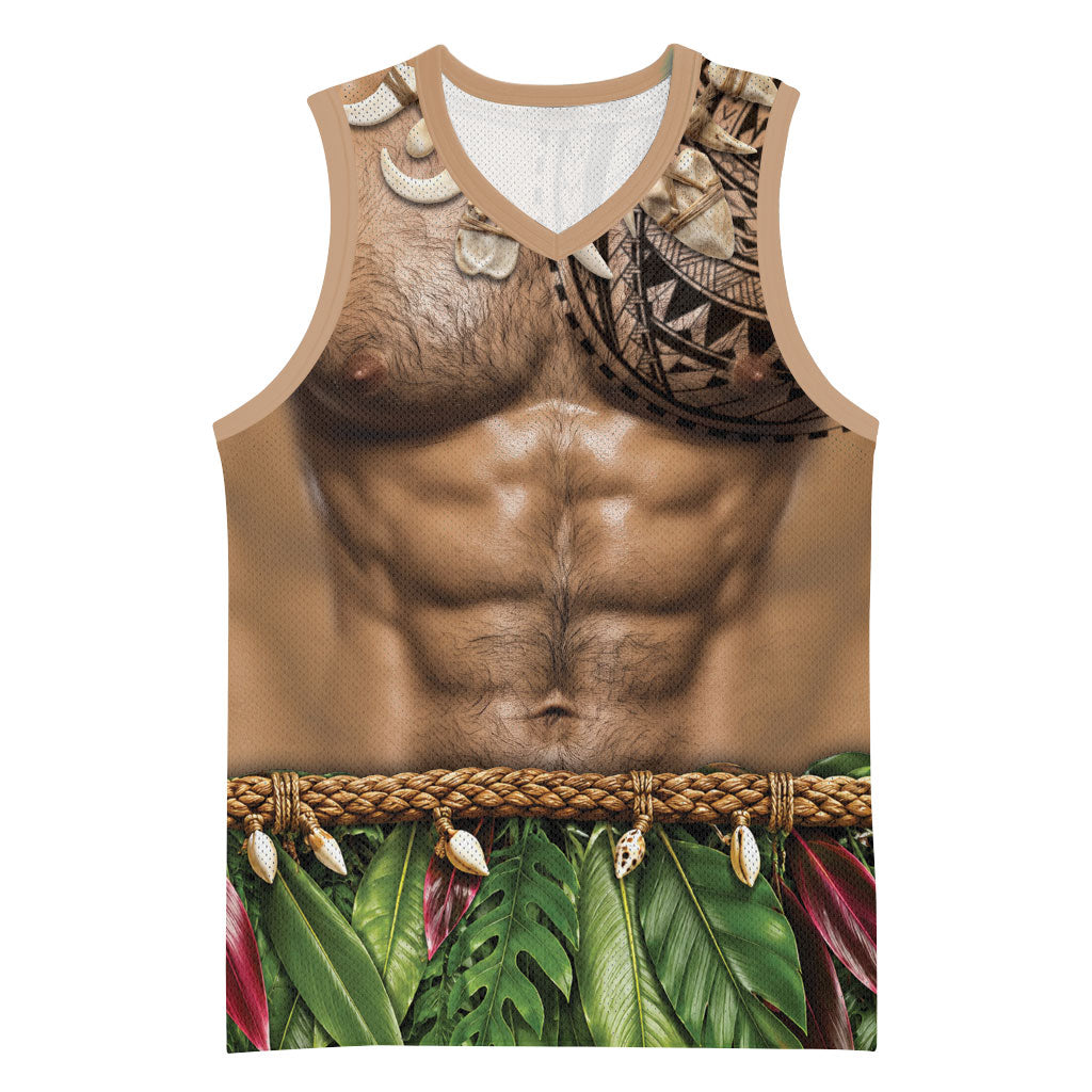Warrior Muscle Tattoo 3D Funny Graphic Basketball Jersey Six Pack Abs Bone Necklace Leaf Skirt DT05 Unisex Beige - Polynesian Pride
