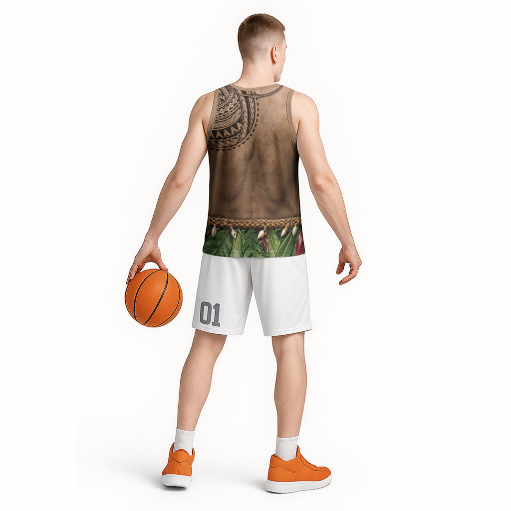 Warrior Muscle Tattoo 3D Funny Graphic Basketball Jersey Six Pack Abs Bone Necklace Leaf Skirt DT05 - Polynesian Pride