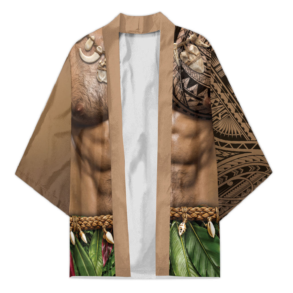Warrior Muscle Tattoo 3D Funny Graphic Kimono Six Pack Abs Bone Necklace Leaf Skirt DT05 Unisex Beige - Polynesian Pride