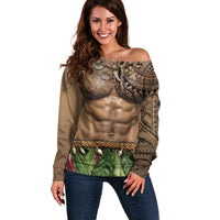 Warrior Muscle Tattoo 3D Funny Graphic Off Shoulder Sweater Six Pack Abs Bone Necklace Leaf Skirt DT05 Women Beige - Polynesian Pride