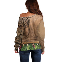 Warrior Muscle Tattoo 3D Funny Graphic Off Shoulder Sweater Six Pack Abs Bone Necklace Leaf Skirt DT05 - Polynesian Pride