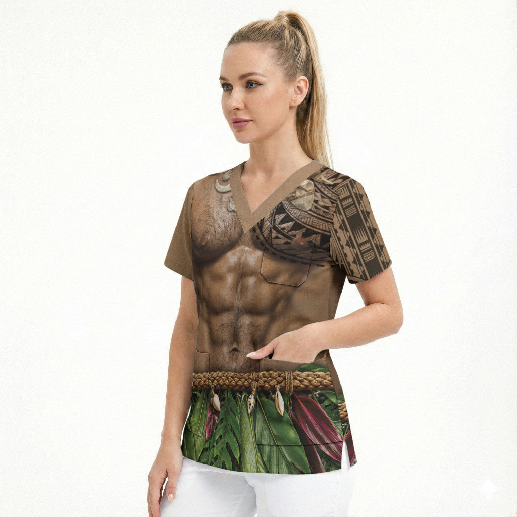 Warrior Muscle Tattoo 3D Funny Graphic Scrub Top Six Pack Abs Bone Necklace Leaf Skirt DT05 - Polynesian Pride