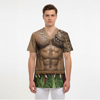 Warrior Muscle Tattoo 3D Funny Graphic Scrub Top Six Pack Abs Bone Necklace Leaf Skirt DT05 - Polynesian Pride