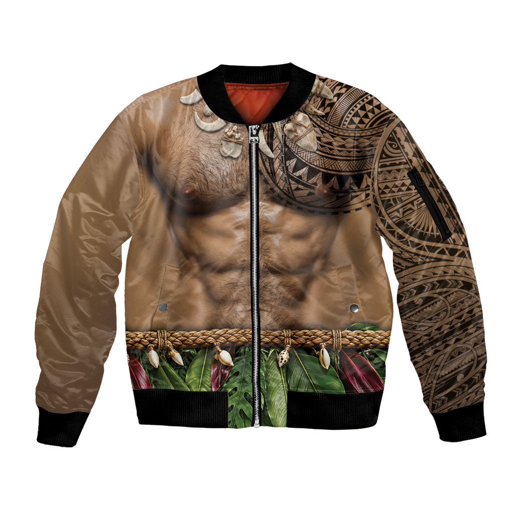 Warrior Muscle Tattoo 3D Funny Graphic Sleeve Zip Bomber Jacket Six Pack Abs Bone Necklace Leaf Skirt DT05 Unisex Beige - Polynesian Pride