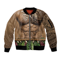 Warrior Muscle Tattoo 3D Funny Graphic Sleeve Zip Bomber Jacket Six Pack Abs Bone Necklace Leaf Skirt DT05 Unisex Beige - Polynesian Pride