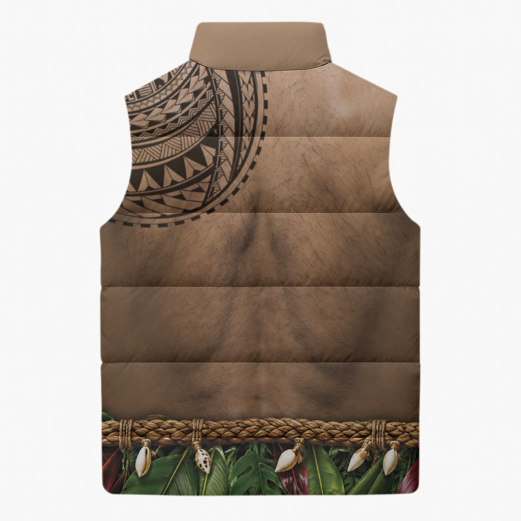 Warrior Muscle Tattoo 3D Funny Graphic Sleeveless Puffer Jacket Six Pack Abs Bone Necklace Leaf Skirt DT05 - Polynesian Pride