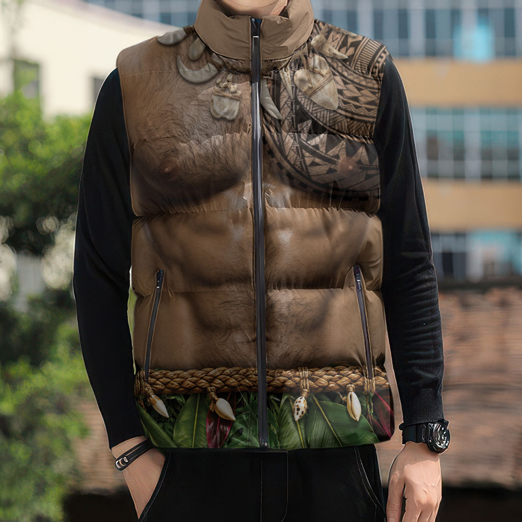 Warrior Muscle Tattoo 3D Funny Graphic Sleeveless Puffer Jacket Six Pack Abs Bone Necklace Leaf Skirt DT05 - Polynesian Pride