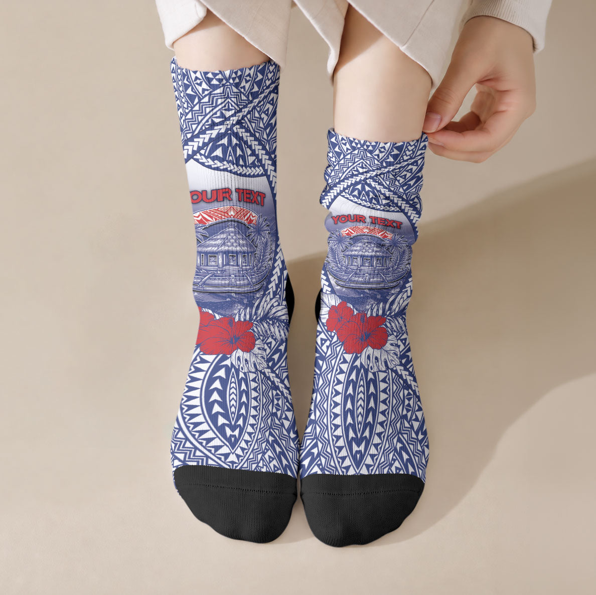 Personalised Vaitele Samoa Village Crew Socks Falefa Valley Polynesian Tribal Hibiscus Floral DT05 Crew Socks White - Polynesian Pride