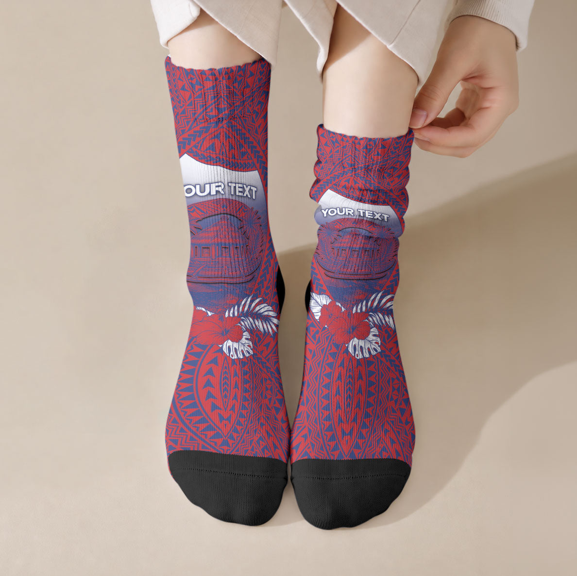 Personalised Faleula Samoa Village Crew Socks Falefa Valley Polynesian Tribal Hibiscus Floral DT05 Crew Socks Red - Polynesian Pride