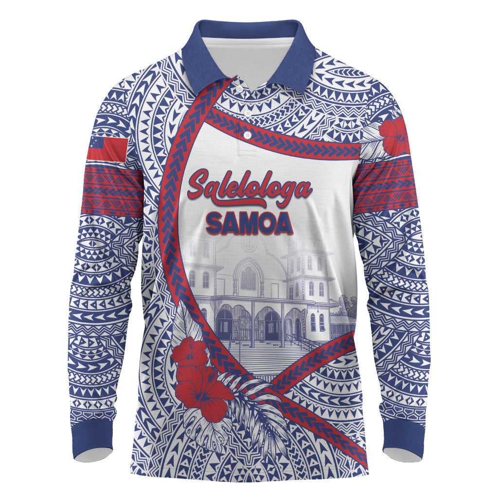 Personalised Salelologa Samoa Village Long Sleeve Polo Shirt Polynesian Tribal Church Landmark Hibiscus Floral