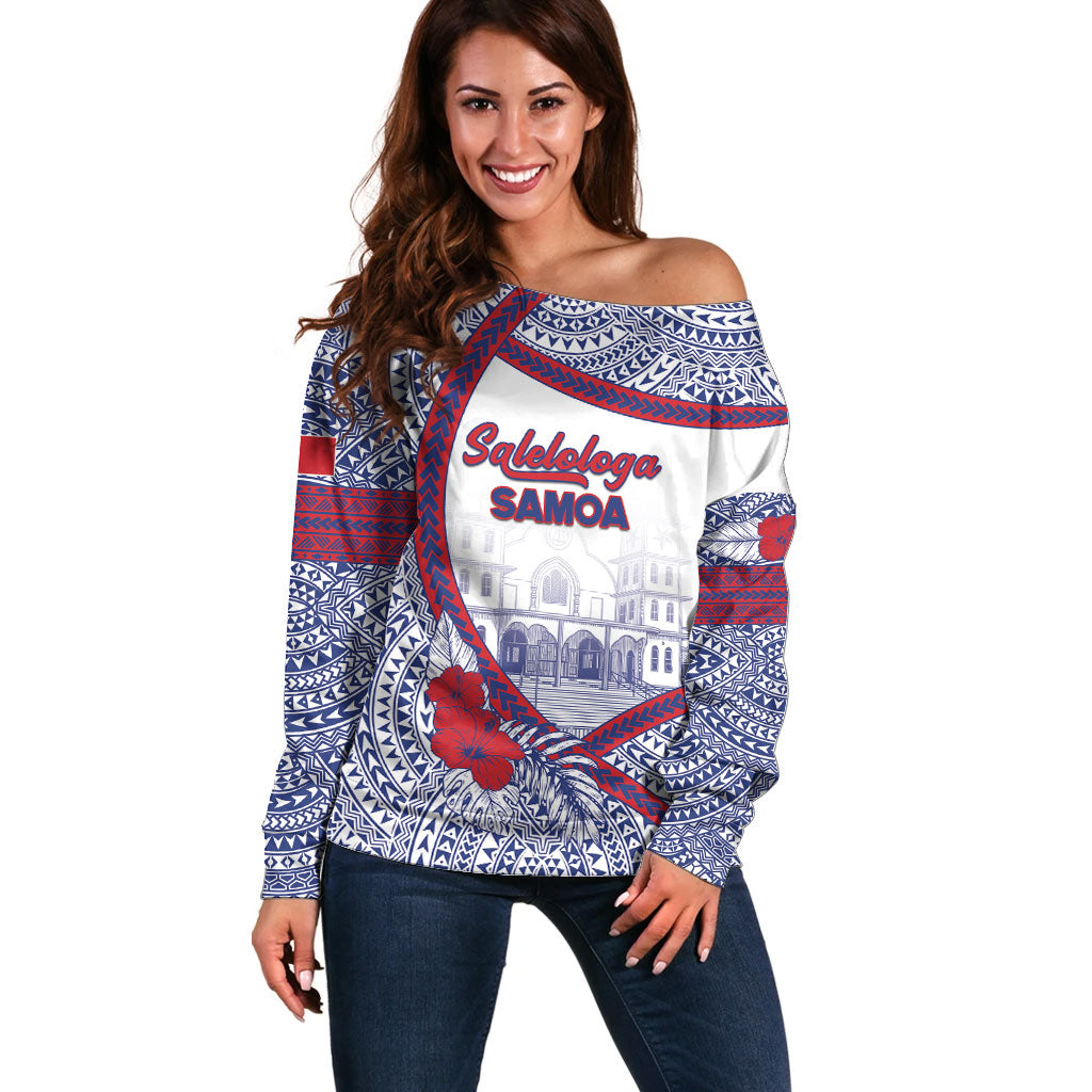 Personalised Salelologa Samoa Village Off Shoulder Sweater Polynesian Tribal Church Landmark Hibiscus Floral