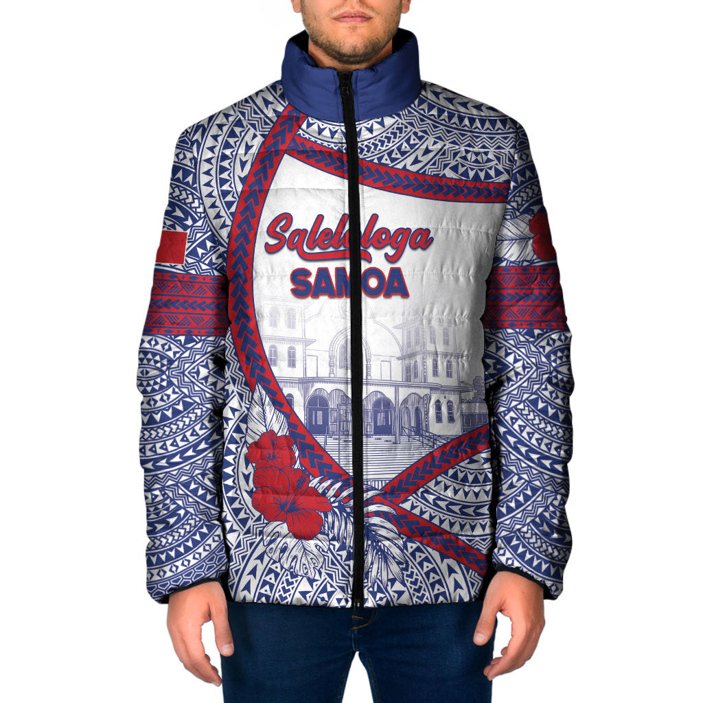 Personalised Salelologa Samoa Village Padded Jacket Polynesian Tribal Church Landmark Hibiscus Floral
