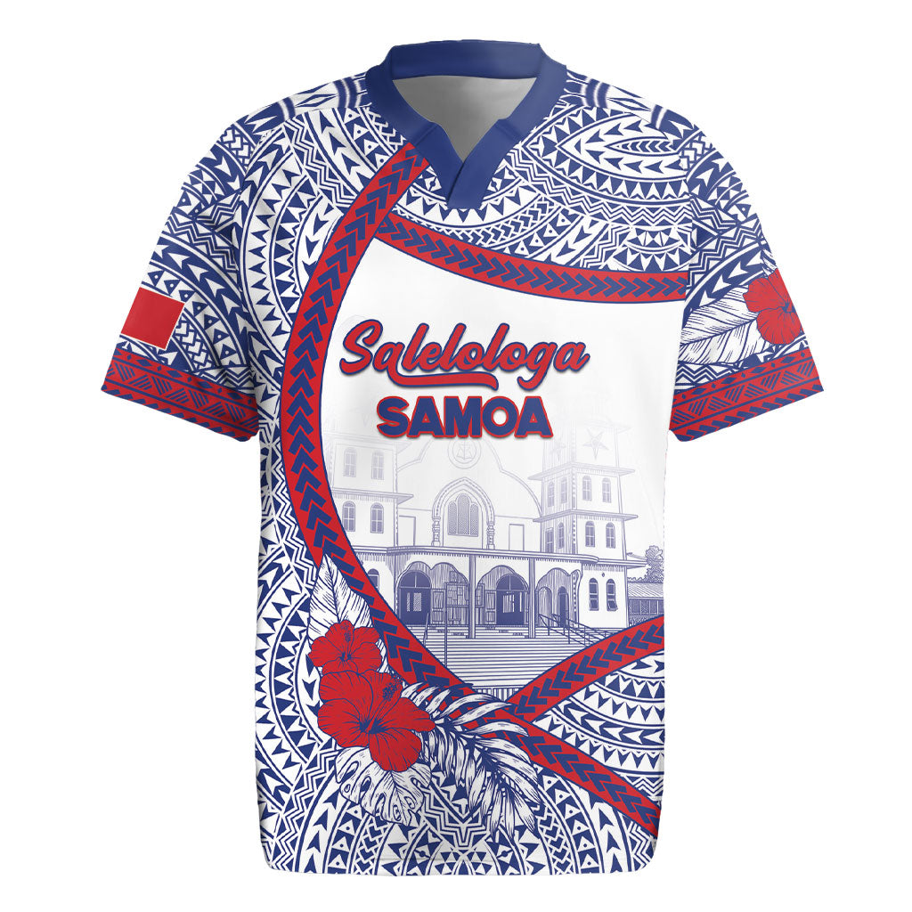 Personalised Salelologa Samoa Village Rugby Jersey Polynesian Tribal Church Landmark Hibiscus Floral