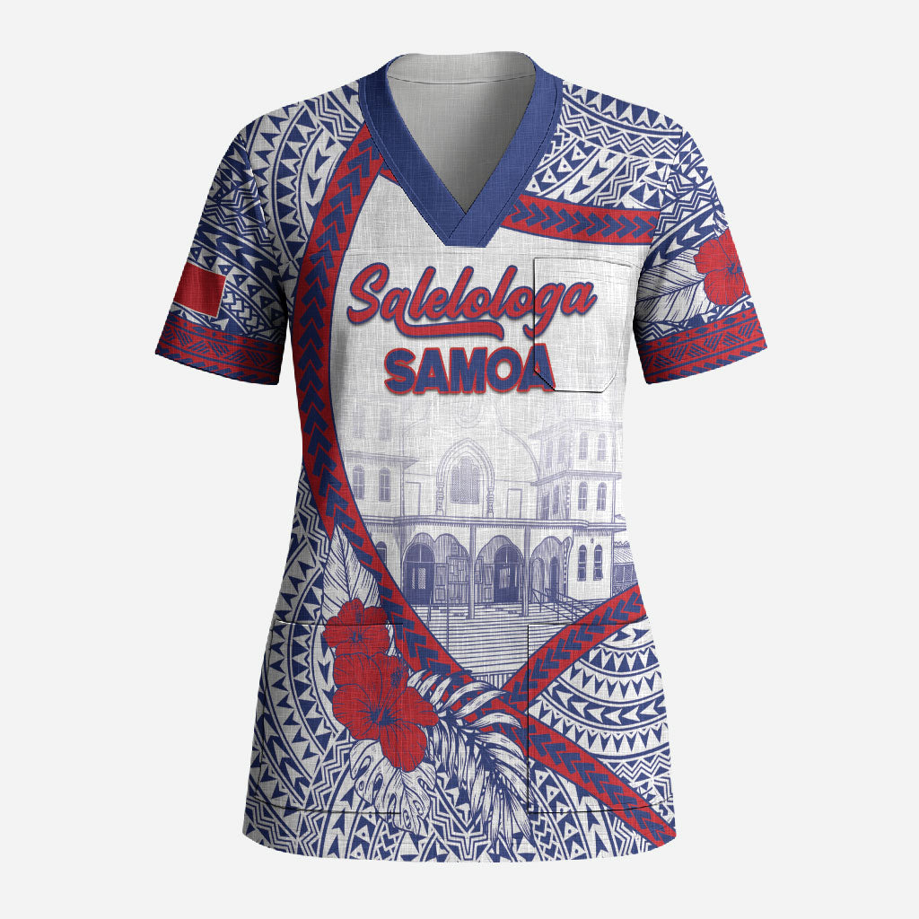 Personalised Salelologa Samoa Village Scrub Top Polynesian Tribal Church Landmark Hibiscus Floral