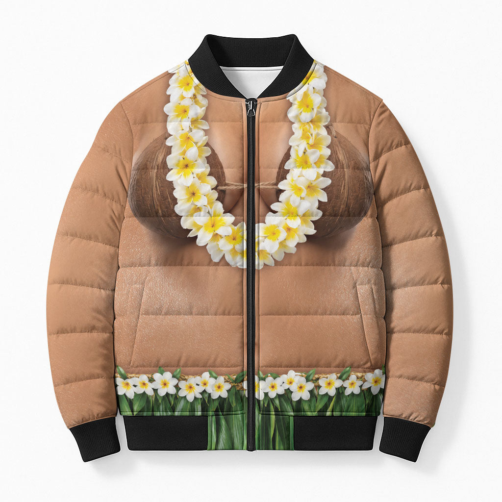 Hawaii Bikini Hula Costume Bomber Puffer Jacket Coconut Bra Plumeria Flower Lei Grass Skirt DT05 Unisex Beige - Polynesian Pride