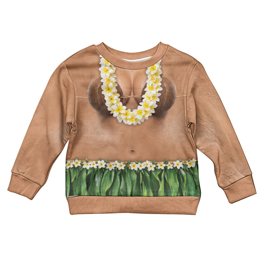 Hawaii Bikini Hula Costume Kid Ugly Christmas Sweater Coconut Bra Plumeria Flower Lei Grass Skirt