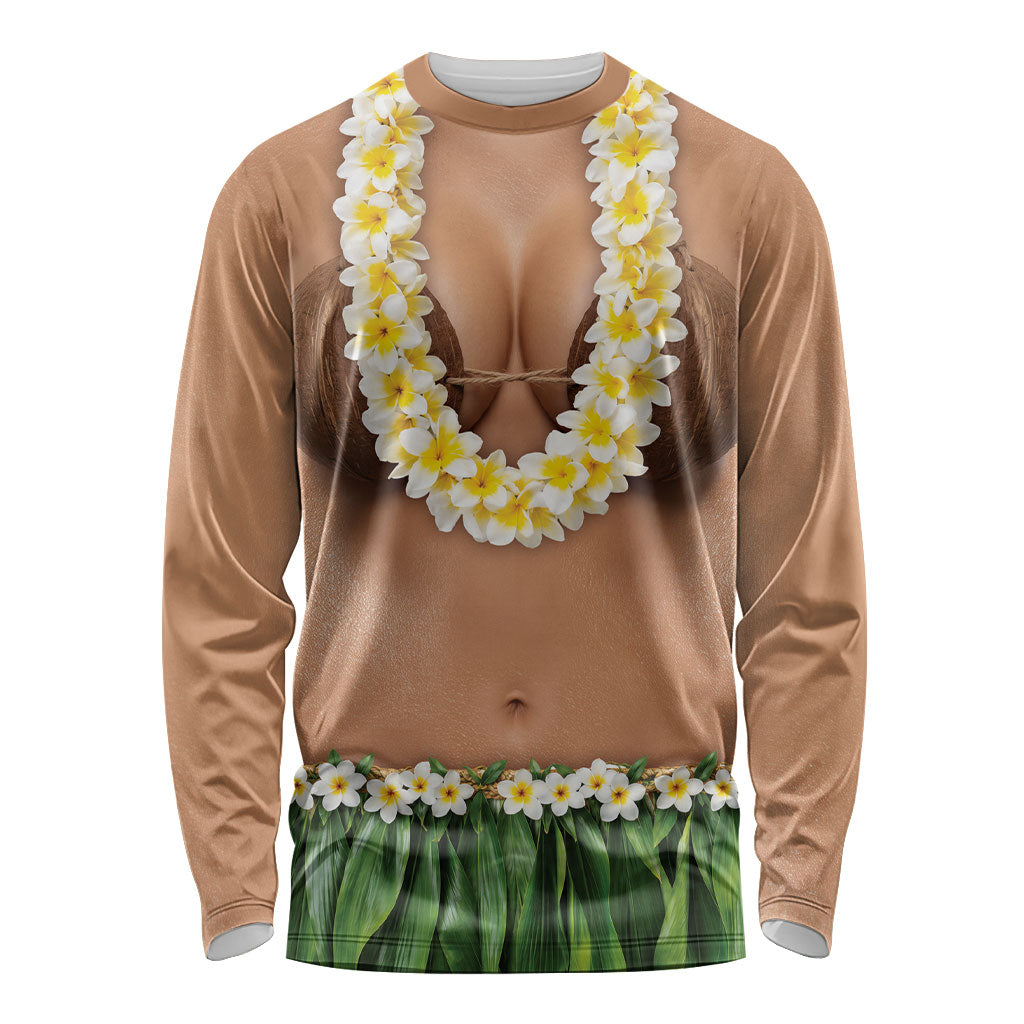 Hawaii Bikini Hula Costume Long Sleeve Shirt Coconut Bra Plumeria Flower Lei Grass Skirt DT05 Unisex Beige - Polynesian Pride