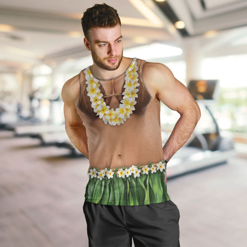 Hawaii Bikini Hula Costume Men Tank Top Coconut Bra Plumeria Flower Lei Grass Skirt DT05 Beige - Polynesian Pride