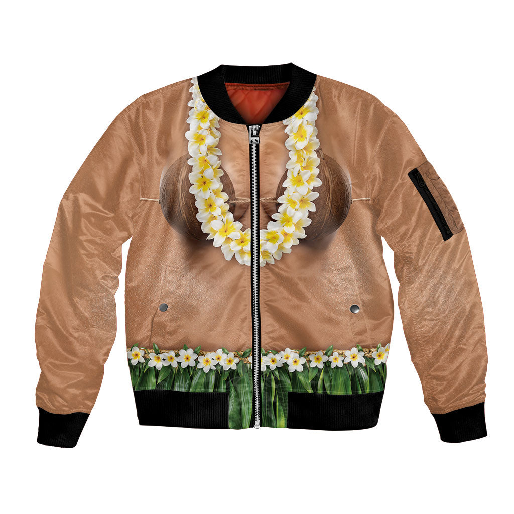 Hawaii Bikini Hula Costume Sleeve Zip Bomber Jacket Coconut Bra Plumeria Flower Lei Grass Skirt
