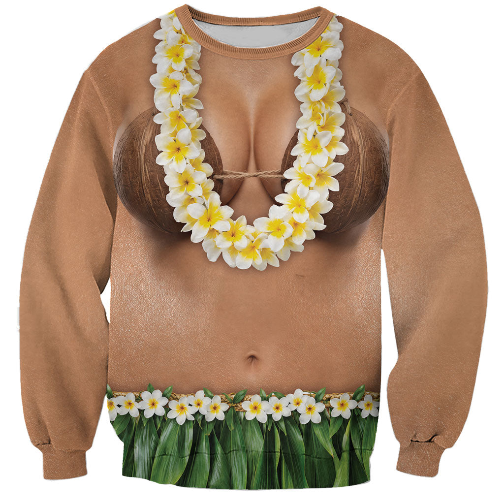 Hawaii Bikini Hula Costume Sweatshirt Coconut Bra Plumeria Flower Lei Grass Skirt DT05 Unisex Beige - Polynesian Pride