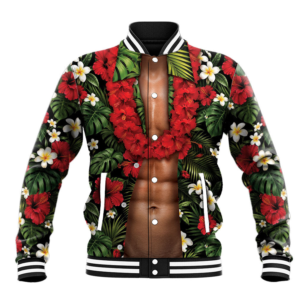 Hawaiian Floral Muscle Abs Baseball Jacket Six Pack Hibiscus Flower Lei Luau DT05 Unisex Black - Polynesian Pride