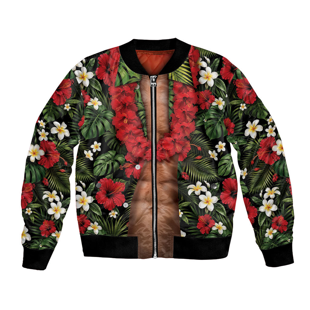 Hawaiian Floral Muscle Abs Bomber Jacket Six Pack Hibiscus Flower Lei Luau