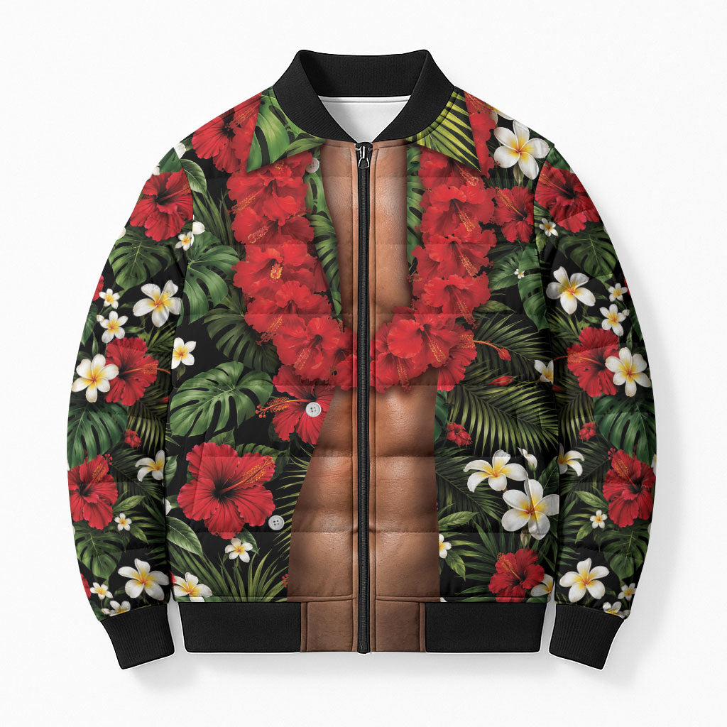 Hawaiian Floral Muscle Abs Bomber Puffer Jacket Six Pack Hibiscus Flower Lei Luau DT05 Unisex Black - Polynesian Pride